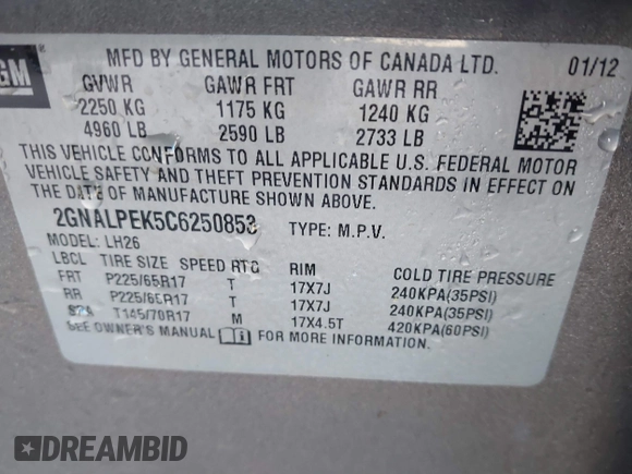 2012 Chevrolet Equinox 2LT z VIN 2GNALPEK5C6250853, wystawiony jako IAAI lot #41864676 z przebiegiem 220 448 mil mil oraz . Historia ofert i sprzedaży dostępna na DreamBid. Obrazek 9.