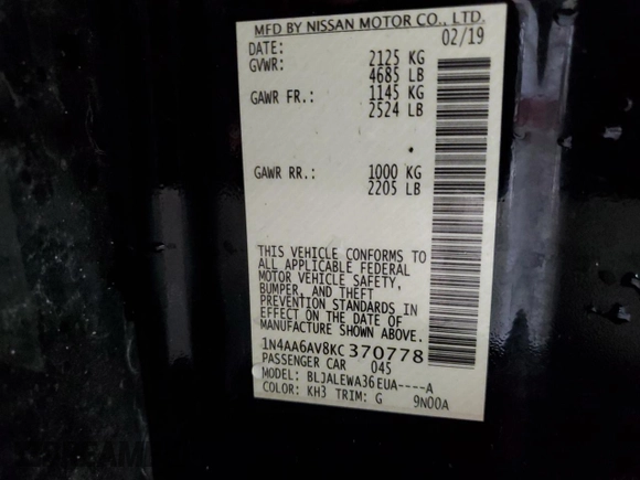 2019 Nissan Maxima S z VIN 1N4AA6AV8KC370778, wystawiony jako Copart lot #81154124 z przebiegiem 143 455 mil mil oraz Szkoda całkowita • Salvage title. Historia ofert i sprzedaży dostępna na DreamBid. Obrazek 12.