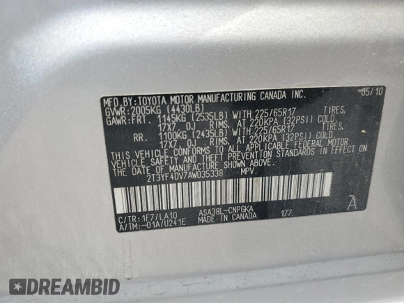 2010 Toyota RAV4 Limited with VIN 2T3YF4DV7AW035338, listed as a Copart auction lot 56782785 with 282,542 mi miles and Clean title. Bid and sale history available at DreamBid. Image 13.