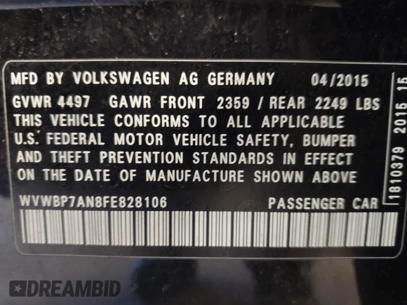 2015 Volkswagen CC R-Line with VIN WVWBP7AN8FE828106, listed as a IAAI auction lot 41867821 with 67,067 mi miles and . Bid and sale history available at DreamBid. Image 9.