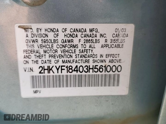 2003 Honda Pilot EX with VIN 2HKYF18403H561000, listed as a Copart auction lot 46505175 with 219,039 mi miles and Salvage Title. Bid and sale history available at DreamBid. Image 13.