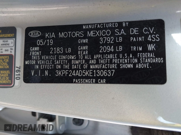 2019 Kia Forte LXS with VIN 3KPF24AD5KE130637, listed as a IAAI auction lot 41814708 with 130,012 mi miles. Bid and sale history available at carsss.com. Image 9.