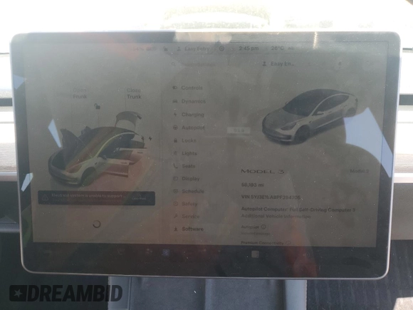 2023 Tesla Model 3 with VIN 5YJ3E1EA8PF394705, listed as a Copart auction lot 52319945 with 58,193 mi miles and Salvage title. Bid and sale history available at DreamBid. Image 9.