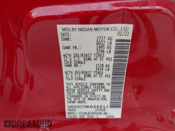 2022 Nissan Frontier SV with VIN 1N6ED1EJ7NN644412, listed as a IAAI auction lot 41730154 with 18,500 mi miles and . Bid and sale history available at DreamBid. Image 9.