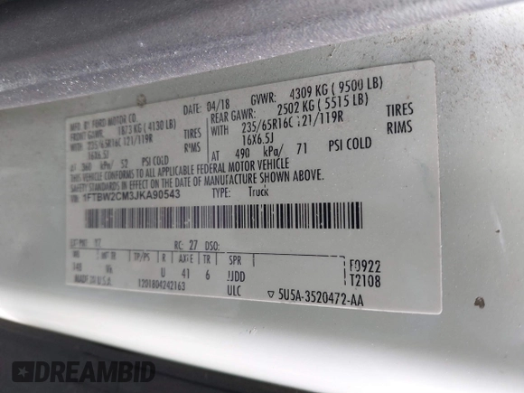 2018 Ford Transit with VIN 1FTBW2CM3JKA90543, listed as a IAAI auction lot 41439788 with 83,135 mi miles and . Bid and sale history available at DreamBid. Image 8.