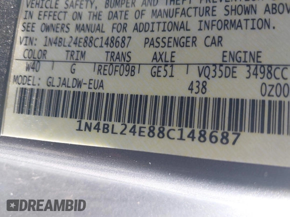 2008 Nissan Altima 3.5 SE with VIN 1N4BL24E88C148687, listed as a IAAI auction lot 41835629 with 217,842 mi miles. Bid and sale history available at carsss.com. Image 9.