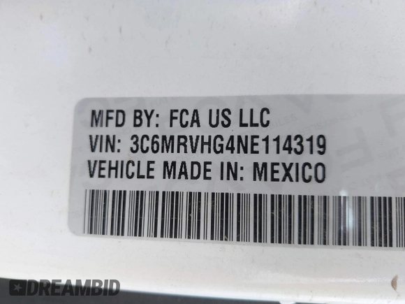 2022 Ram ProMaster Cargo with VIN 3C6MRVHG4NE114319, listed as a IAAI auction lot 41944344 with 21,896 mi miles and . Bid and sale history available at DreamBid. Image 9.