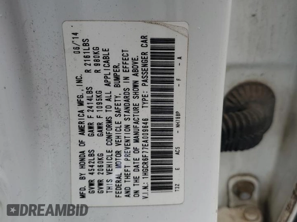 2014 Honda Accord Touring z VIN 1HGCR6F77EA009646, wystawiony jako Copart lot #54569295 z przebiegiem 155 884 mil mil oraz Szkoda całkowita • Salvage title. Historia ofert i sprzedaży dostępna na DreamBid. Obrazek 13.