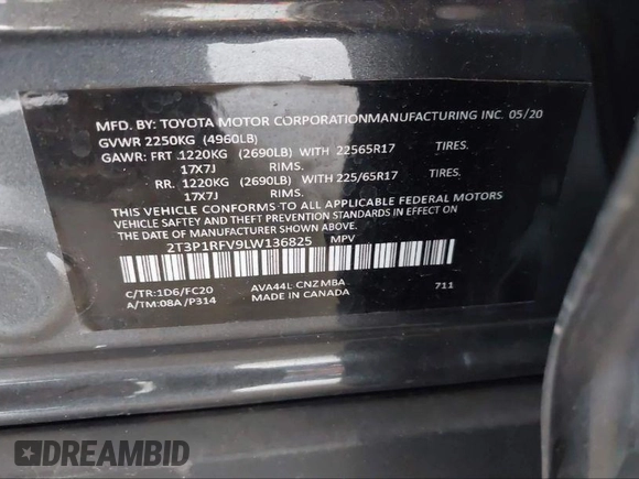 2020 Toyota RAV4 XLE with VIN 2T3P1RFV9LW136825, listed as a IAAI auction lot 41290003 with 40,056 mi miles and . Bid and sale history available at DreamBid. Image 9.