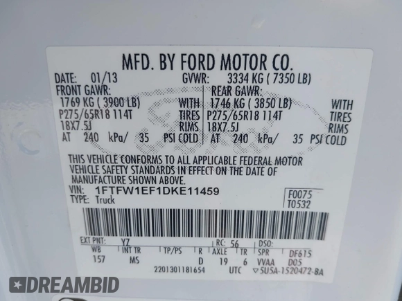 2013 Ford F-150 XL z VIN 1FTFW1EF1DKE11459, wystawiony jako IAAI lot #42279683 z przebiegiem 210 751 mil mil oraz . Historia ofert i sprzedaży dostępna na DreamBid. Obrazek 9.
