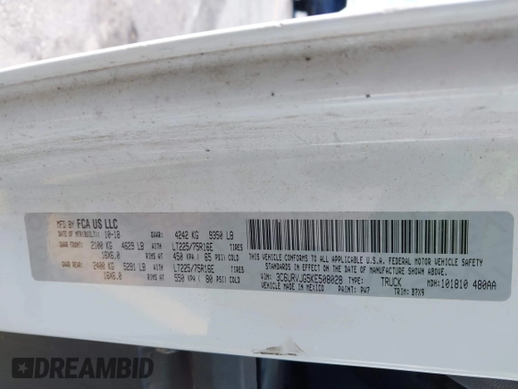 2019 Ram ProMaster Cargo with VIN 3C6URVJG5KE508028, listed as a IAAI auction lot 42090727 with 189,106 mi miles and . Bid and sale history available at carsss.com. Image 9.