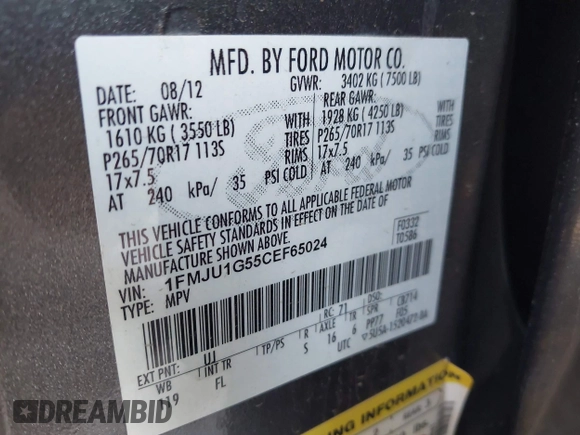 2012 Ford Expedition XL with VIN 1FMJU1G55CEF65024, listed as a IAAI auction lot 42366517 with 155,393 mi miles and . Bid and sale history available at DreamBid. Image 9.