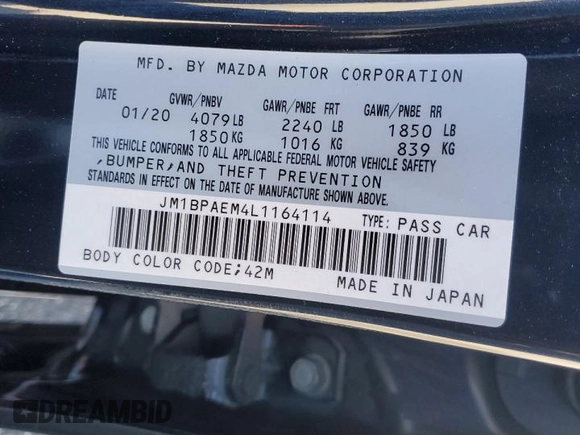 2020 Mazda 3 Premium with VIN JM1BPAEM4L1164114, listed as a Copart auction lot 83880834 with 25,590 mi miles and Salvage title. Bid and sale history available at DreamBid. Image 14.