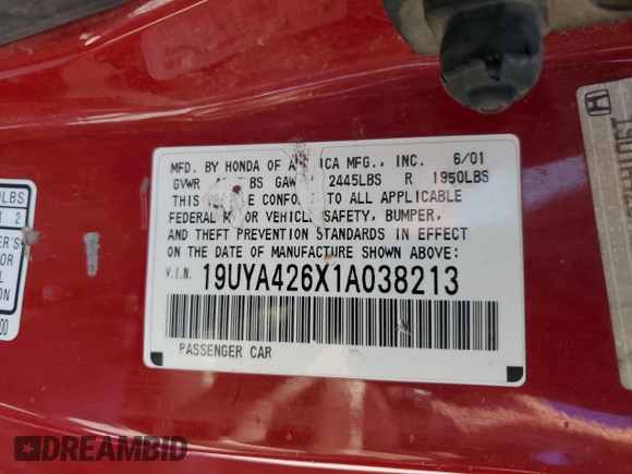 2001 Acura CL Type S z VIN 19UYA426X1A038213, wystawiony jako Copart lot #74719364 z przebiegiem 218 105 mil mil oraz Szkoda całkowita • Salvage title. Historia ofert i sprzedaży dostępna na DreamBid. Obrazek 12.