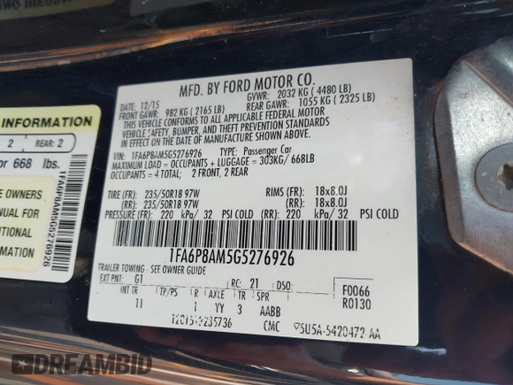 2016 Ford Mustang V6 with VIN 1FA6P8AM5G5276926, listed as a IAAI auction lot 42605458 with 121,620 mi miles and . Bid and sale history available at DreamBid. Image 9.