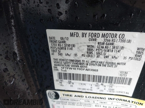 2013 Ford F-150 XL with VIN 1FTFW1ET0DFA03565, listed as a IAAI auction lot 42311111 with 240,000 mi miles and . Bid and sale history available at DreamBid. Image 9.