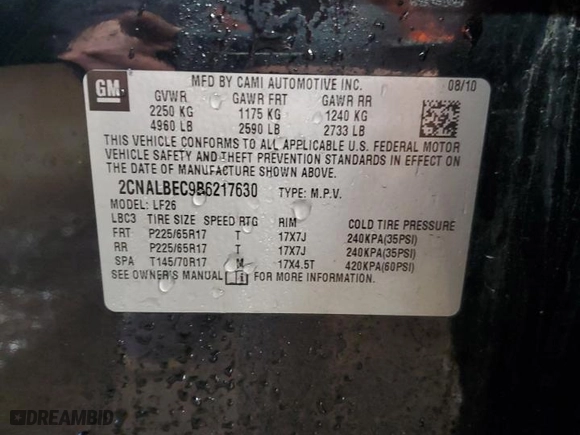 2011 Chevrolet Equinox LS with VIN 2CNALBEC9B6217630, listed as a Copart auction lot 49984375 with 133,579 mi miles and Salvage Title. Bid and sale history available at carsss.com. Image 13.