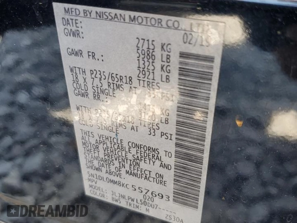 2019 Infiniti QX60 Pure z VIN 5N1DL0MM8KC557693, wystawiony jako Copart lot #53646505 z przebiegiem 67 543 mil mil oraz Szkoda całkowita • Salvage title. Historia ofert i sprzedaży dostępna na DreamBid. Obrazek 13.