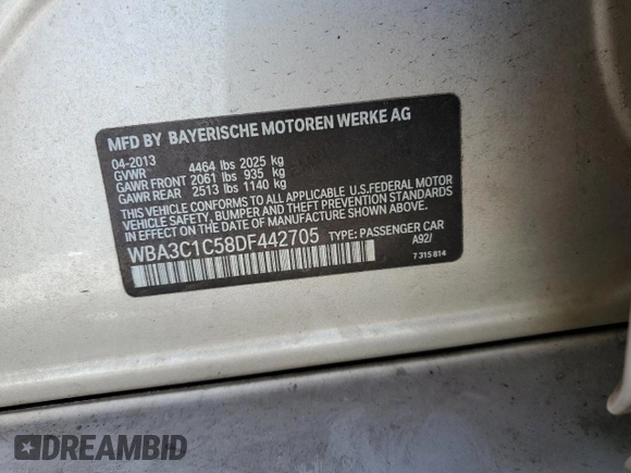 2013 BMW 3 Series 328i with VIN WBA3C1C58DF442705, listed as a Copart auction lot 48475745 with 141,237 mi miles and Salvage Title. Bid and sale history available at carsss.com. Image 13.