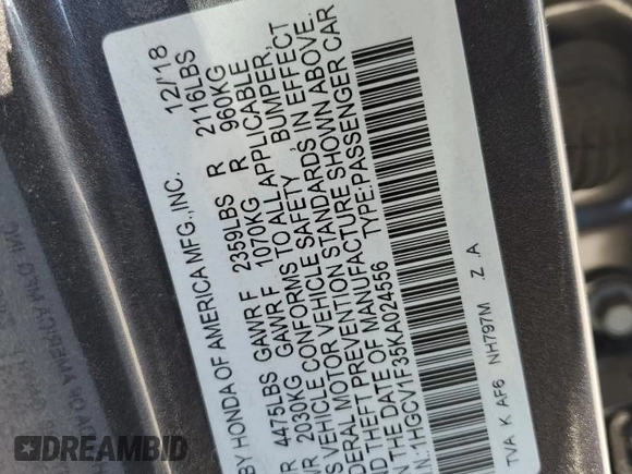 2019 Honda Accord Sport with VIN 1HGCV1F35KA024556, listed as a Copart auction lot 52312295 with 59,264 mi miles and Salvage Title. Bid and sale history available at DreamBid. Image 12.