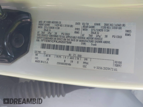 2018 Ford F-150 XL с VIN 1FTEW1CPXJKE07509, выставлен на аукционе IAAI как лот 42462607 с пробегом 72 850 миль миль и . История ставок и продаж доступна на DreamBid. Изображение 9.