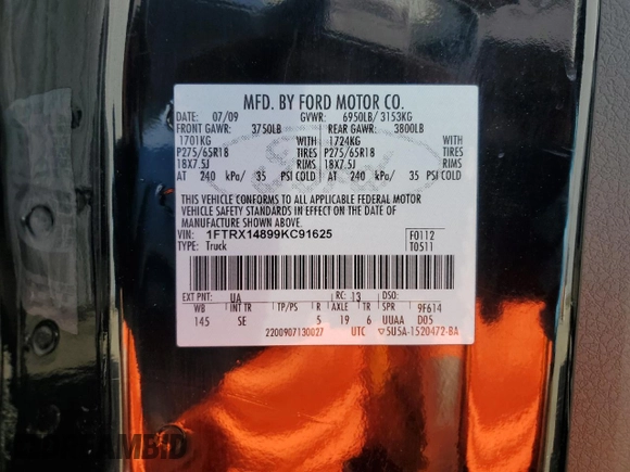 2009 Ford F-150 STX with VIN 1FTRX14899KC91625, listed as a Copart auction lot 49863945 with 203,946 mi miles and Salvage Title. Bid and sale history available at DreamBid. Image 12.