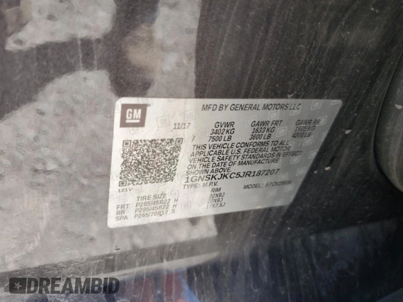 2018 Chevrolet Suburban Premier z VIN 1GNSKJKC5JR187207, wystawiony jako Copart lot #57348895 z przebiegiem 171 712 mil mil oraz Nie do naprawy • Non repairable. Historia ofert i sprzedaży dostępna na DreamBid. Obrazek 13.