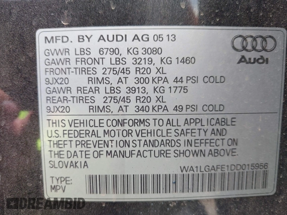 2013 Audi Q7 Premium Plus with VIN WA1LGAFE1DD015956, listed as a IAAI auction lot 42096428 with Not provided miles and . Bid and sale history available at DreamBid. Image 9.