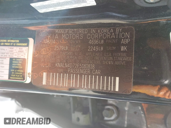 2015 Kia Cadenza Premium with VIN KNALN4D72F5181818, listed as a IAAI auction lot 41358864 with 113,460 mi miles. Bid and sale history available at carsss.com. Image 9.