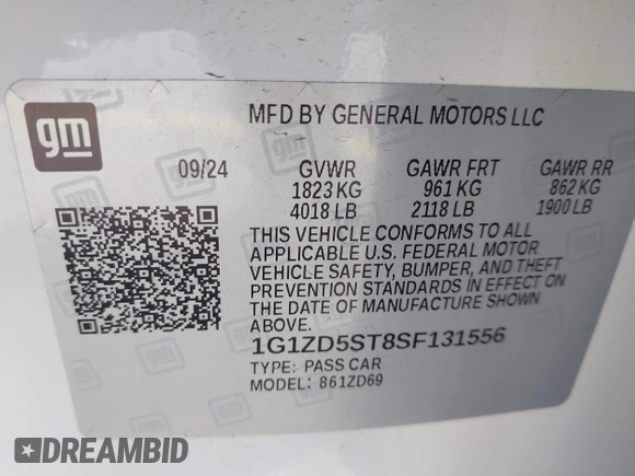 2025 Chevrolet Malibu LT with VIN 1G1ZD5ST8SF131556, listed as a IAAI auction lot 42227624 with 11,982 mi miles and . Bid and sale history available at DreamBid. Image 9.