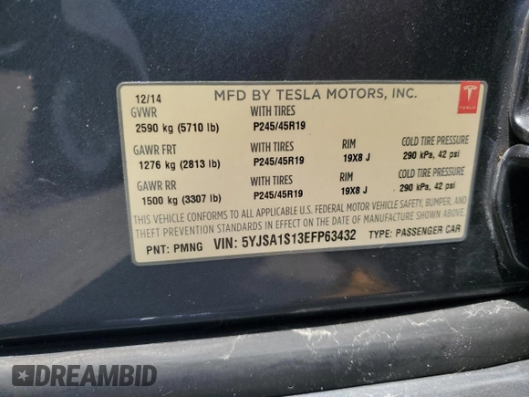 2014 Tesla Model S 60 with VIN 5YJSA1S13EFP63432, listed as a Copart auction lot 56706195 with 114,671 mi miles and Clean Title. Bid and sale history available at DreamBid. Image 12.