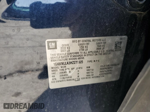 2017 GMC Acadia SLE with VIN 1GKKNLLA3HZ279925, listed as a Copart auction lot 52074865 with 171,498 mi miles and Salvage Title. Bid and sale history available at carsss.com. Image 13.