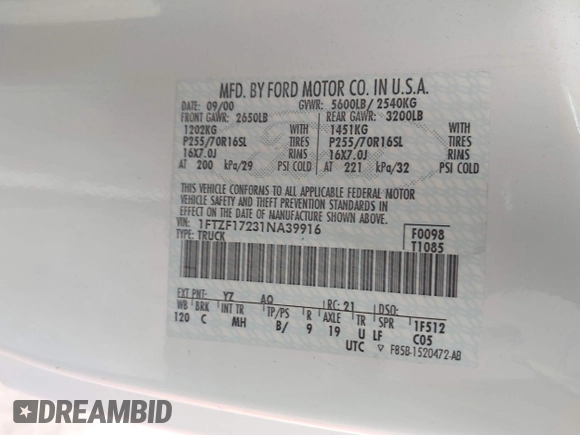 2001 Ford F-150 XL with VIN 1FTZF17231NA39916, listed as a IAAI auction lot 42009448 with 110,307 mi miles and . Bid and sale history available at DreamBid. Image 9.