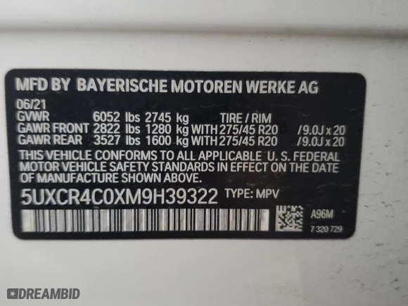 2021 BMW X5 sDrive40i with VIN 5UXCR4C0XM9H39322, listed as a Copart auction lot 47136385 with 72,535 mi miles and Salvage Title. Bid and sale history available at carsss.com. Image 15.