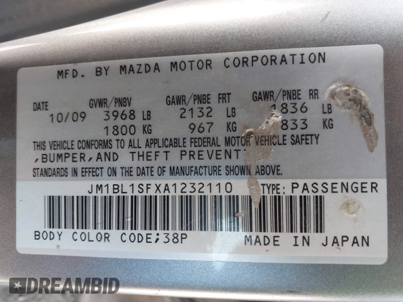 2010 Mazda 3 i Sport with VIN JM1BL1SFXA1232110, listed as a IAAI auction lot 42479320 with 228,649 mi miles and . Bid and sale history available at DreamBid. Image 9.
