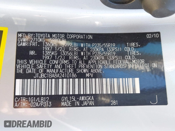 2010 Lexus RX 450h with VIN JTJBC1BA8A2410186, listed as a IAAI auction lot 42291441 with 228,894 mi miles and . Bid and sale history available at DreamBid. Image 9.