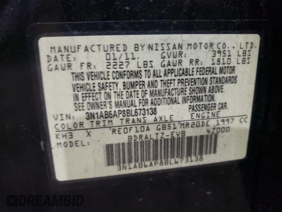 2011 Nissan Sentra 2.0 with VIN 3N1AB6AP8BL673138, listed as a Copart auction lot 87884335 with 93,938 mi miles and Salvage Title. Bid and sale history available at DreamBid. Image 12.