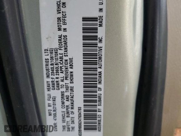 2004 Subaru Legacy Outback L.L. Bean with VIN 4S3BH806247634783, listed as a Copart auction lot 51282225 with 128,004 mi miles and Salvage title. Bid and sale history available at DreamBid. Image 12.