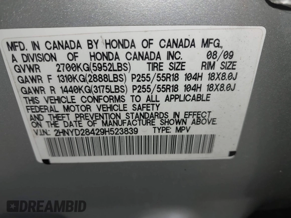 2009 Acura MDX Tech/Entertainment Pkg with VIN 2HNYD28429H523839, listed as a IAAI auction lot 42086231 with 203,211 mi miles. Bid and sale history available at carsss.com. Image 9.