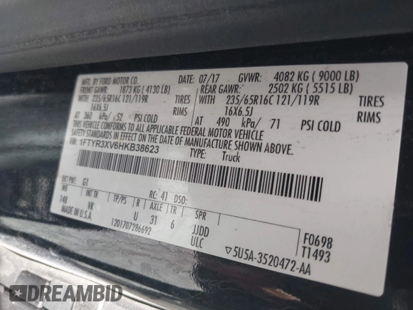 2017 Ford Transit z VIN 1FTYR3XV6HKB38623, wystawiony jako IAAI lot #42238054 z przebiegiem Nie podano mil oraz . Historia ofert i sprzedaży dostępna na DreamBid. Obrazek 9.