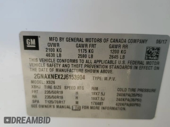 2018 Chevrolet Equinox Premier with VIN 2GNAXNEX2J6153904, listed as a Copart auction lot 47056765 with 86,968 mi miles and Salvage Title. Bid and sale history available at DreamBid. Image 14.