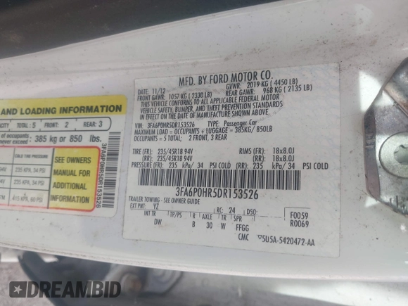 2013 Ford Fusion SE with VIN 3FA6P0HR5DR153526, listed as a IAAI auction lot 42467279 with 164,673 mi miles and . Bid and sale history available at DreamBid. Image 9.