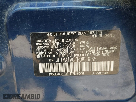 2015 Subaru WRX с VIN JF1VA1A67F9833865, выставлен на аукционе IAAI как лот 42170379 с пробегом 192 759 миль миль и . История ставок и продаж доступна на DreamBid. Изображение 9.