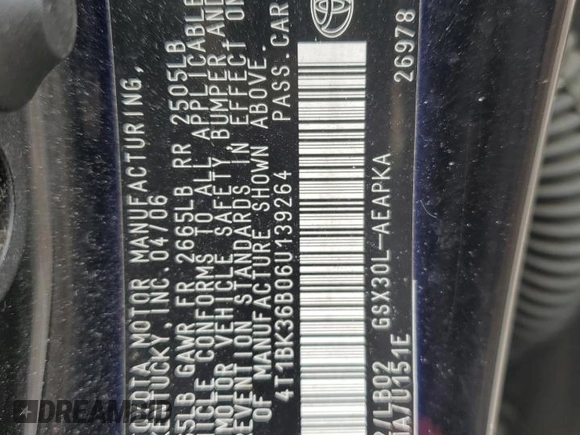 2006 Toyota Avalon XL with VIN 4T1BK36B06U139264, listed as a Copart auction lot 52337445 with 185,087 mi miles and Salvage Title. Bid and sale history available at carsss.com. Image 13.