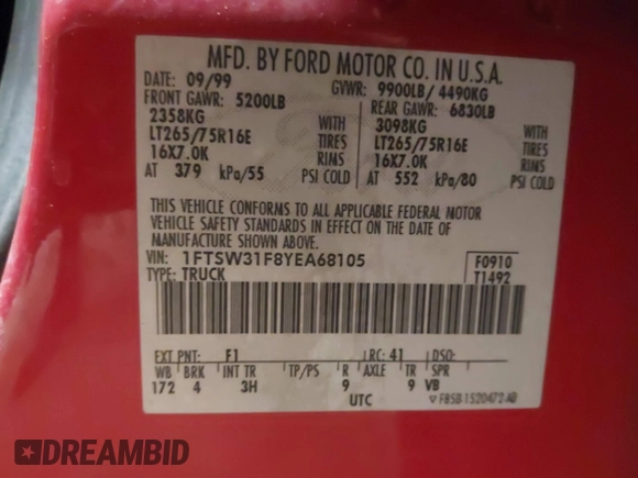 2000 Ford F-350 XL with VIN 1FTSW31F8YEA68105, listed as a IAAI auction lot 41374151 with 189,379 mi miles and . Bid and sale history available at DreamBid. Image 9.