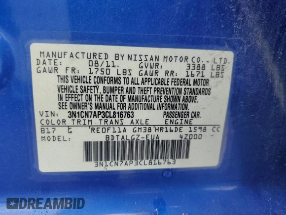 2012 Nissan Versa SV with VIN 3N1CN7AP3CL816763, listed as a Copart auction lot 60340505 with Not provided miles and Salvage title. Bid and sale history available at DreamBid. Image 13.