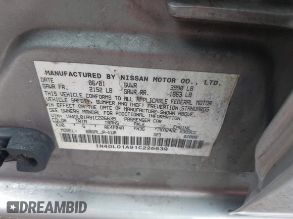 2001 Nissan Altima GXE with VIN 1N4DL01A91C226639, listed as a IAAI auction lot 41155439 with 197,939 mi miles. Bid and sale history available at carsss.com. Image 9.