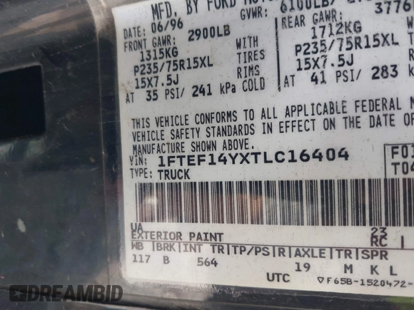 1996 Ford F-150 with VIN 1FTEF14YXTLC16404, listed as a IAAI auction lot 42196955 with Not provided miles and . Bid and sale history available at DreamBid. Image 9.