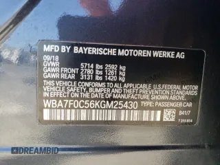 2019 BMW 7 Series 750i with VIN WBA7F0C56KGM25430, listed as a Copart auction lot 42048135 with 74,717 mi miles and Salvage title. Bid and sale history available at DreamBid. Image 12.