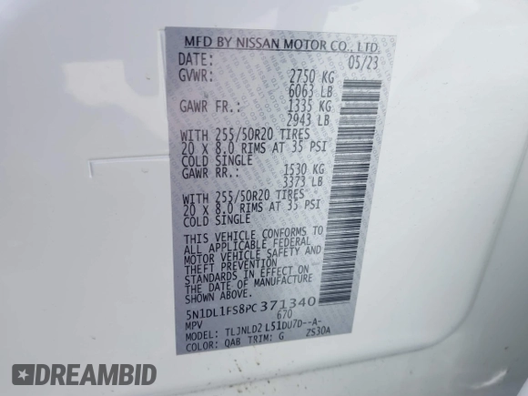 2023 Infiniti QX60 Luxe with VIN 5N1DL1FS8PC371340, listed as a IAAI auction lot 41579561 with 13,074 mi miles and . Bid and sale history available at DreamBid. Image 9.